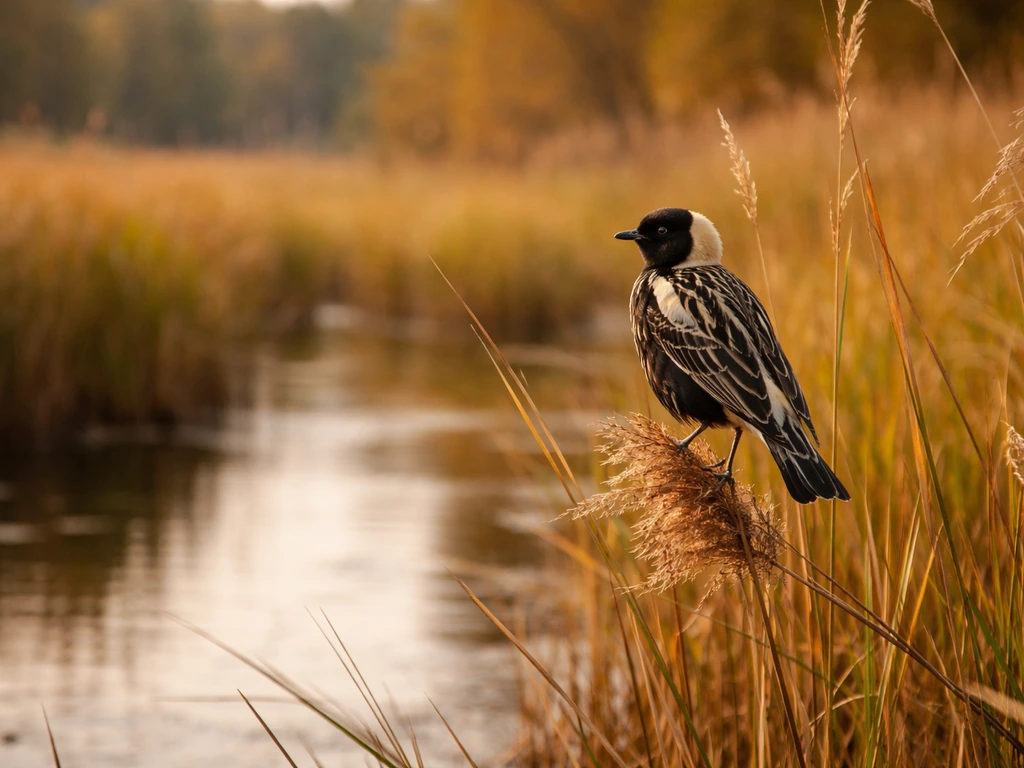 Bobolink perched among autumn reeds at the edge of a marsh during fall migration season.