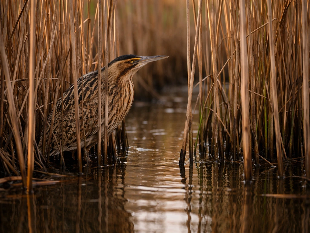 Camouflaged bittern standing among reeds by shallow water at dawn in a quiet marsh