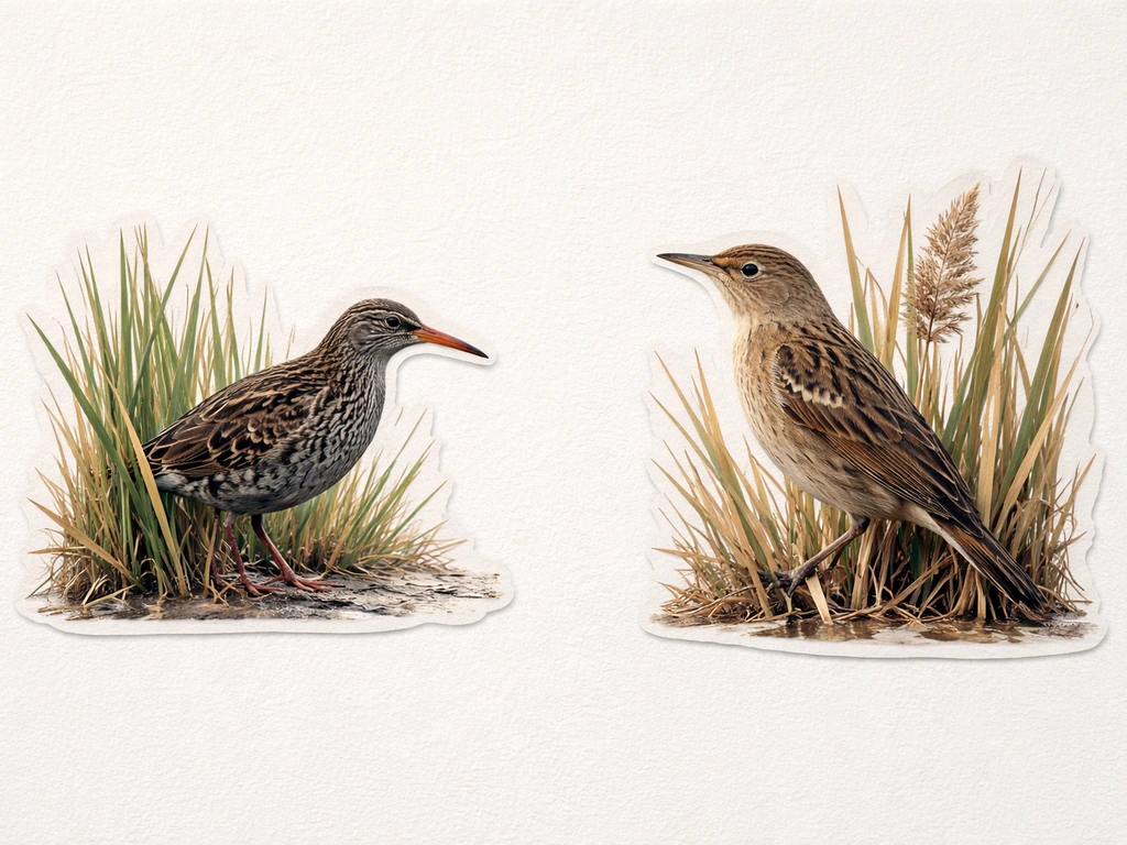 Side-by-side reed-associated bird cutouts illustrating similar terms like rail and bittern.
