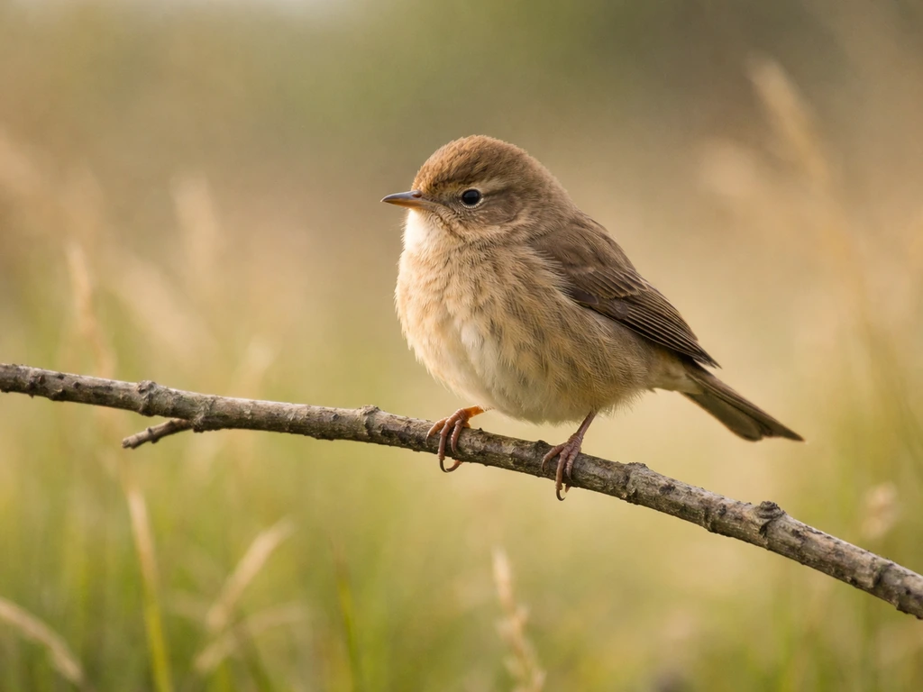 A small brown, fluffy bird perched quietly among grasses in natural light