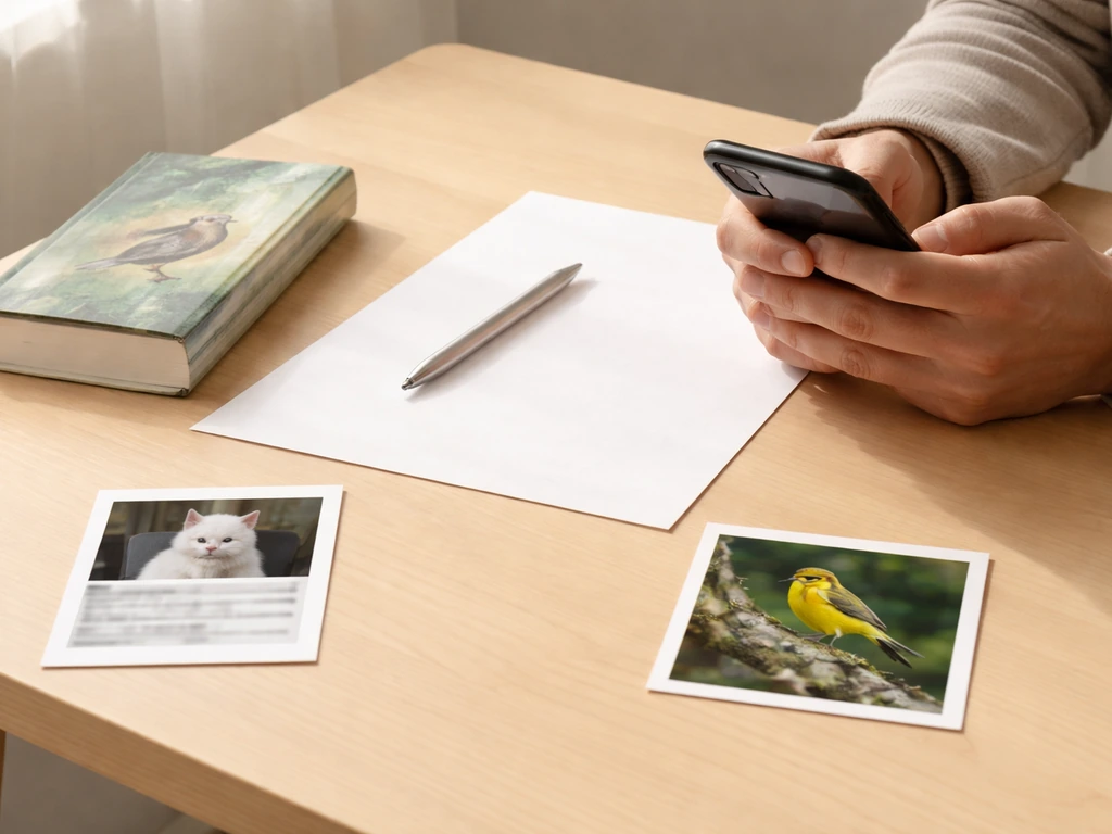 Hands holding a phone over a desk with a bird photo and a meme card to suggest quick meaning checks