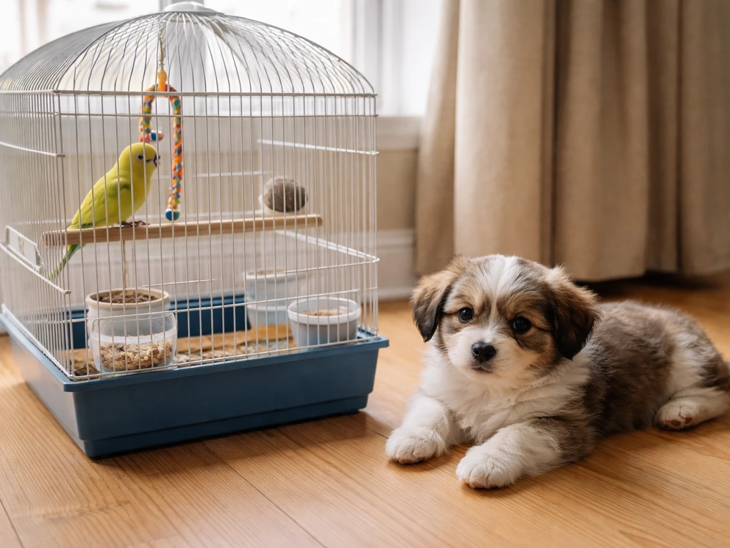 A pet bird cage on the floor with a small puppy nearby in a simple indoor setting.