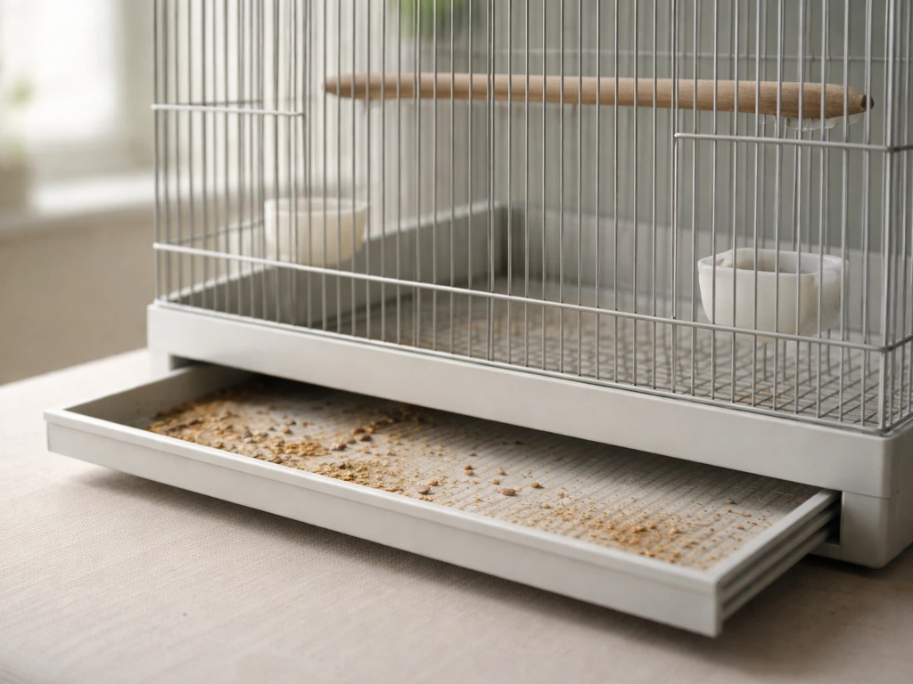 Close-up of an empty pet bird cage with wire bars and a visible removable bottom tray
