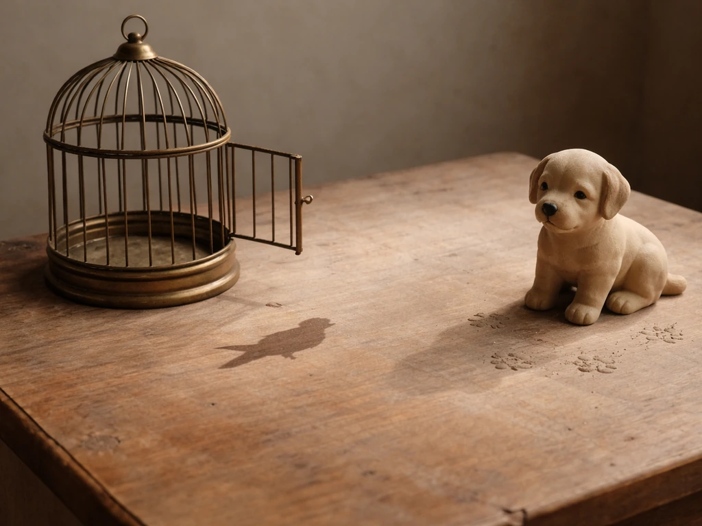 Minimal still life: open birdcage, bird silhouette shadow, and small puppy figurine with paw prints.