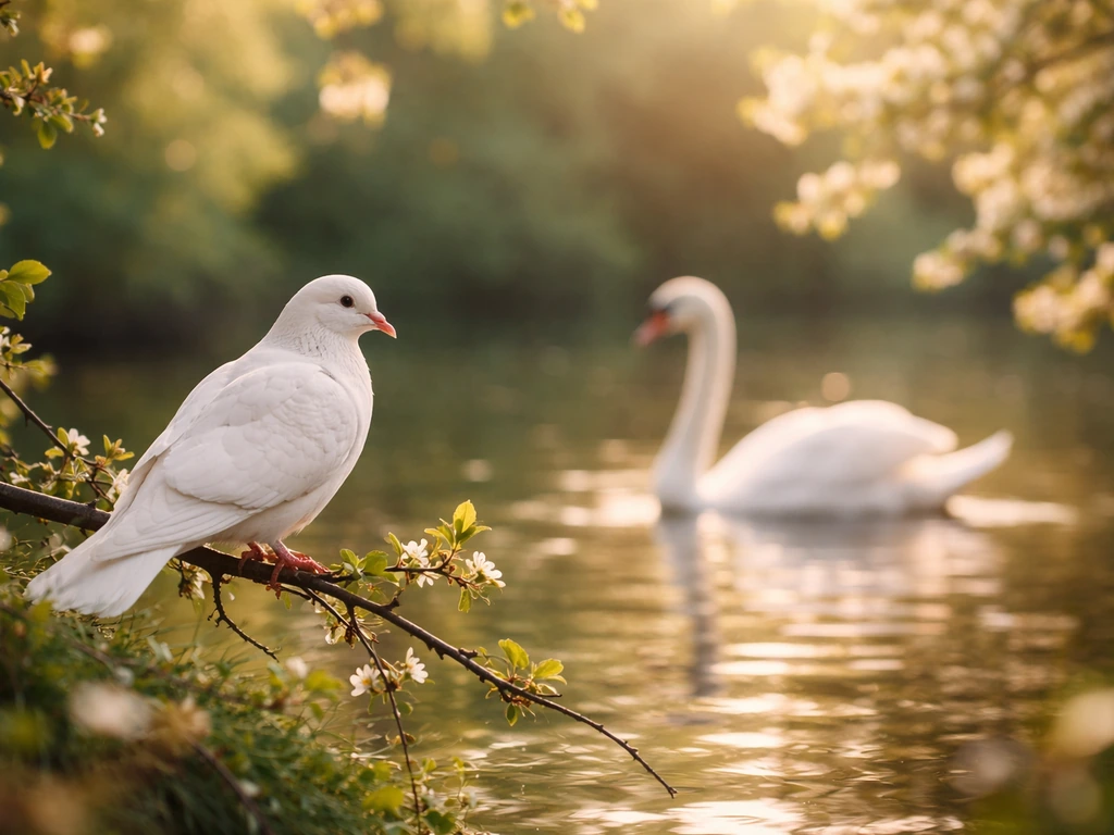 White dove on a branch and a swan floating softly blurred in a romantic, warm natural setting.