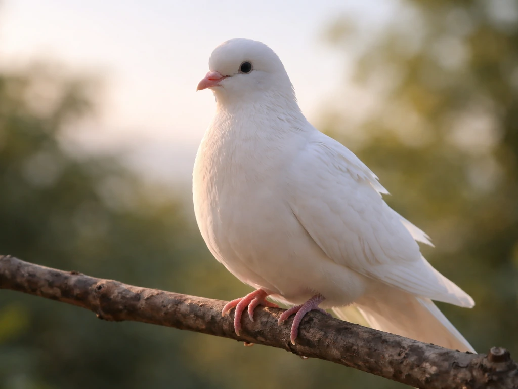 White dove perched on a branch with soft light, conveying peace and tender love