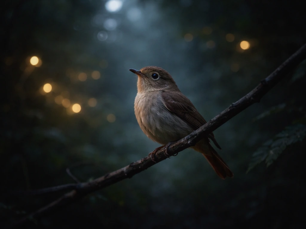 Nightingale-like songbird perched in a dark woodland garden, softly lit with bokeh lights behind.