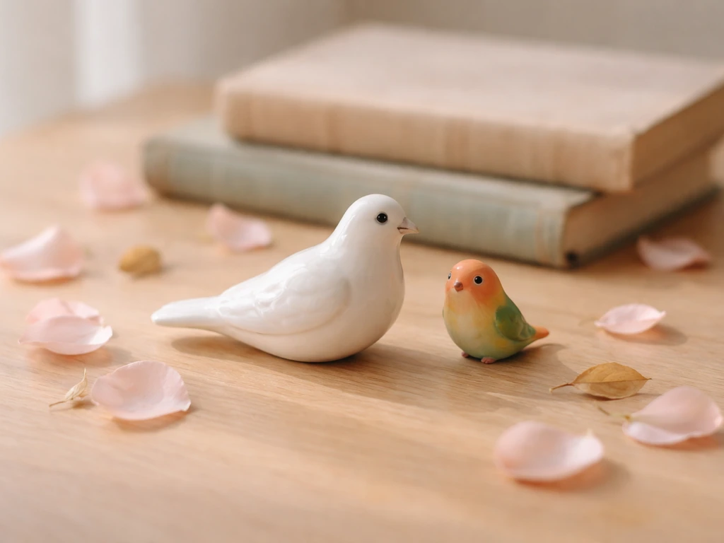 Still life of a ceramic dove and a small lovebird figurine beside two closed vintage books
