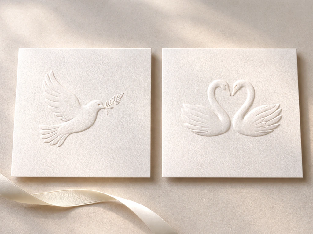 Close-up of a romantic card showing dove and swan motifs side-by-side on soft neutral backgrounds.