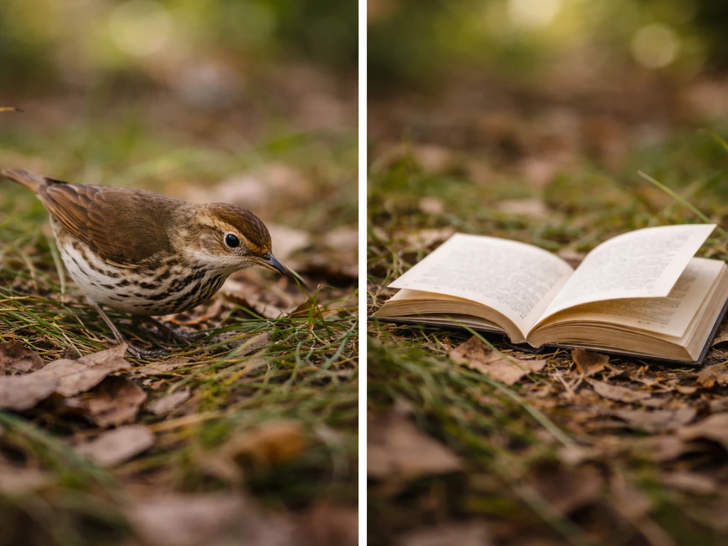 An ovenbird in leaf litter on one side and an open poetry book page on the other.