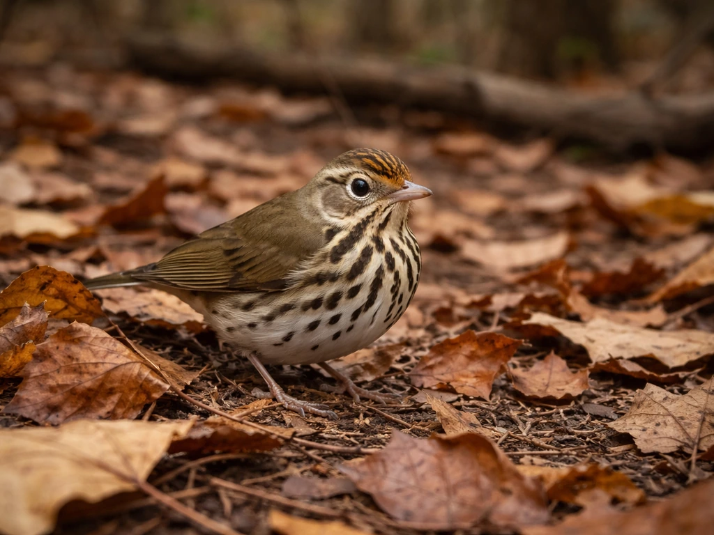 Ovenbird-like small songbird on leaf litter with autumn leaves, softly lit forest floor