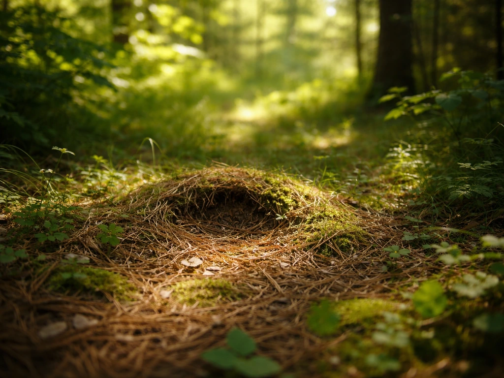 Sun-dappled midsummer forest floor with a subtle domed nest-like mound and heat-hazed light.