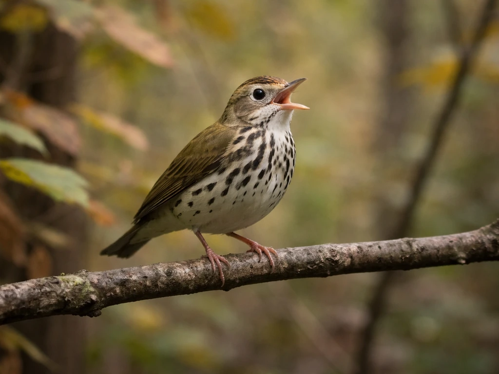 Ovenbird perched and calling on a branch as nearby foliage fades from summer to early autumn.