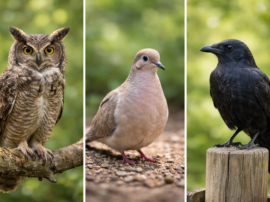 Owl, dove, and crow shown side-by-side outdoors, each bird clearly visible with blurred greenery behind.