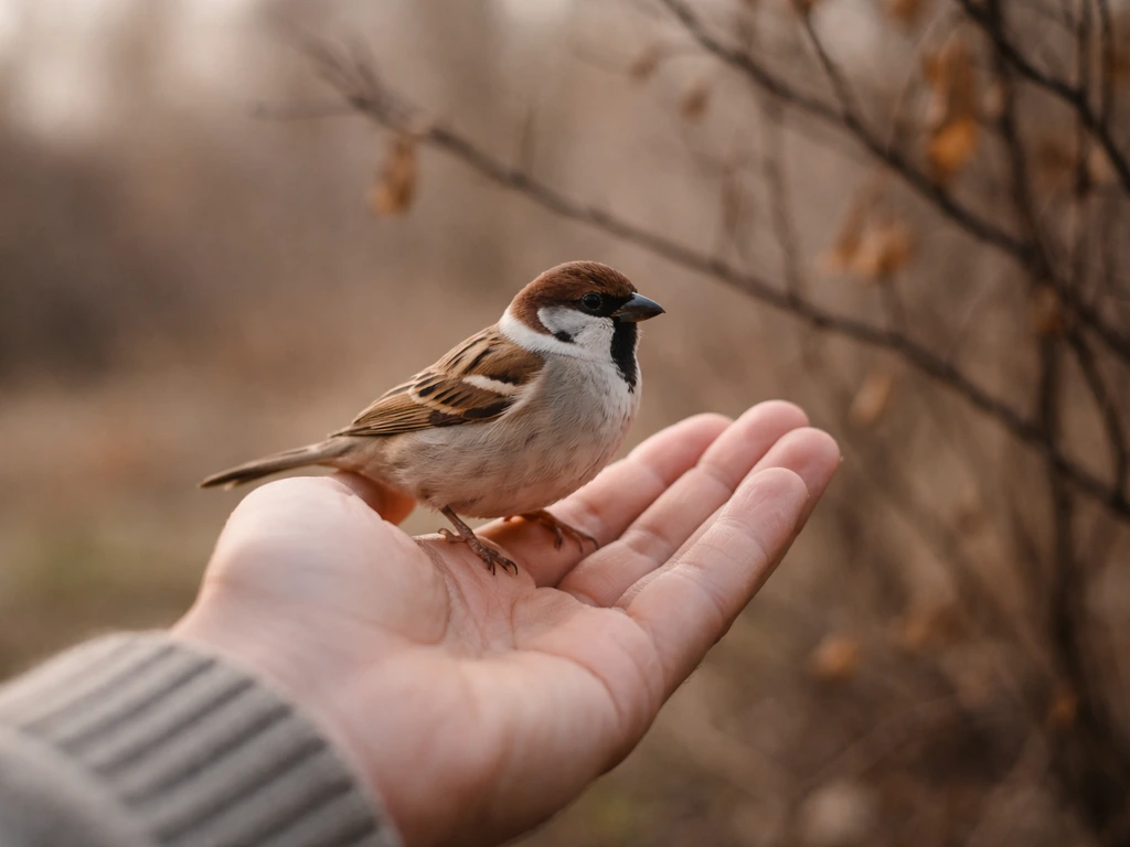 Hand holding a small feathered bird while a bare branch with twigs sits in the background.