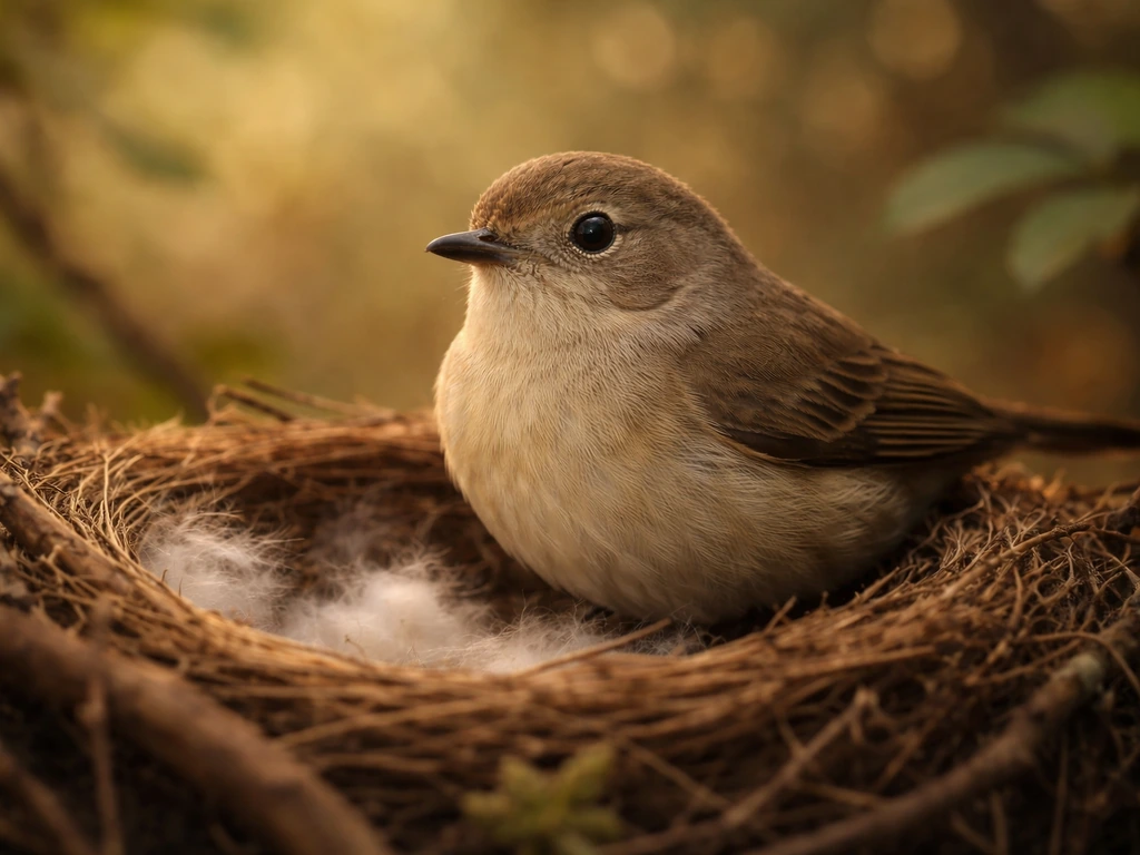 Female bird perched by a nest in warm natural light, calm protective posture with soft background blur.