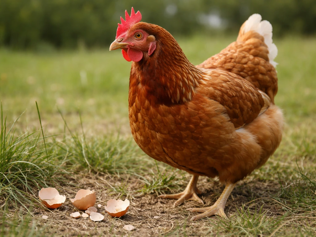 Brown hen in a grassy field with shallow focus, suggesting laying-ready posture and eggshell context