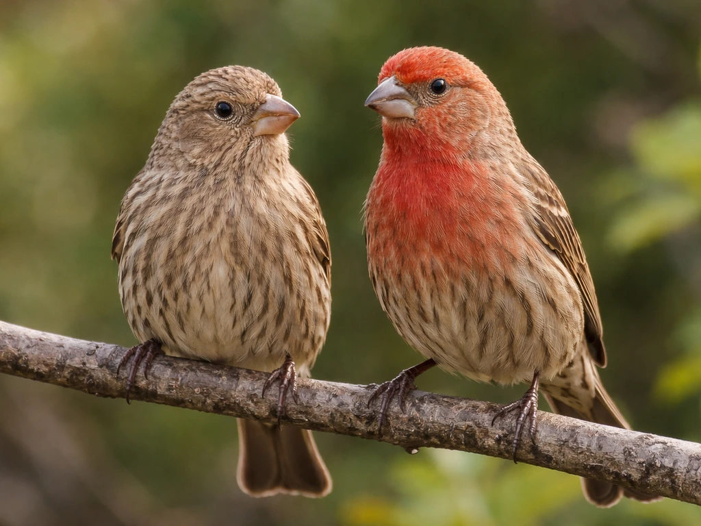 Male and female house finches perched side by side, dull brown female and brighter streaked male.