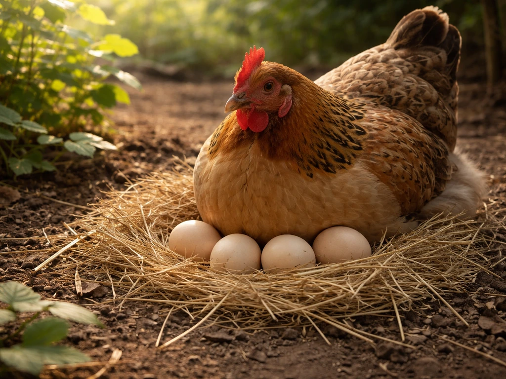 A hen-like female bird brooding over eggs in a simple straw nest in a natural outdoor setting.