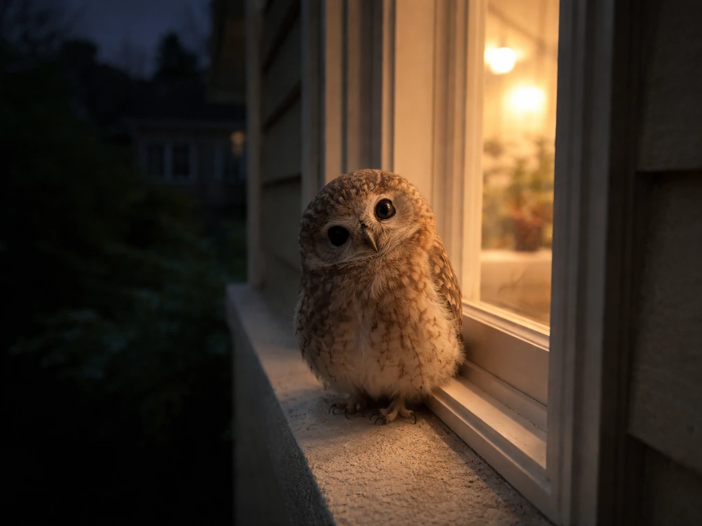An owl-like bird perched by a warmly lit window at night, creating a mysterious, protective mood.