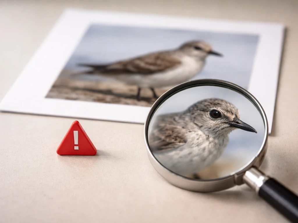 Magnifying glass over a blurred bird image with a red warning triangle cueing a hoax check