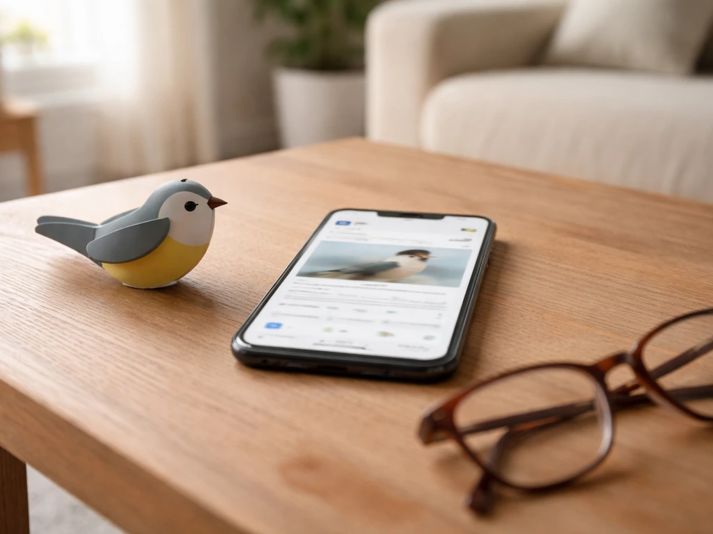 Smartphone on a coffee table with a blurred questionable bird-claim post and a small toy paper bird.