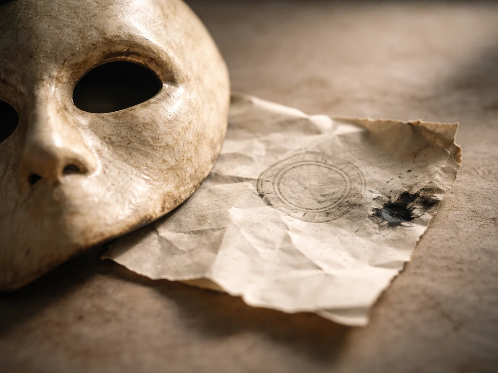 Close-up of a deceptive trick motif—mask and wax-stamp feel—against a clean neutral background