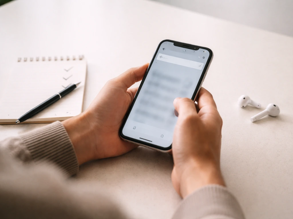 Hands using a smartphone and a notepad with check marks to quickly verify a suspicious hoax claim