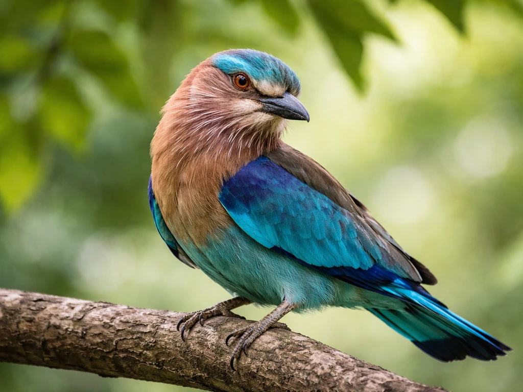 Close-up of an Indian roller bird with vivid blue plumage perched on a tree branch, turning its head.