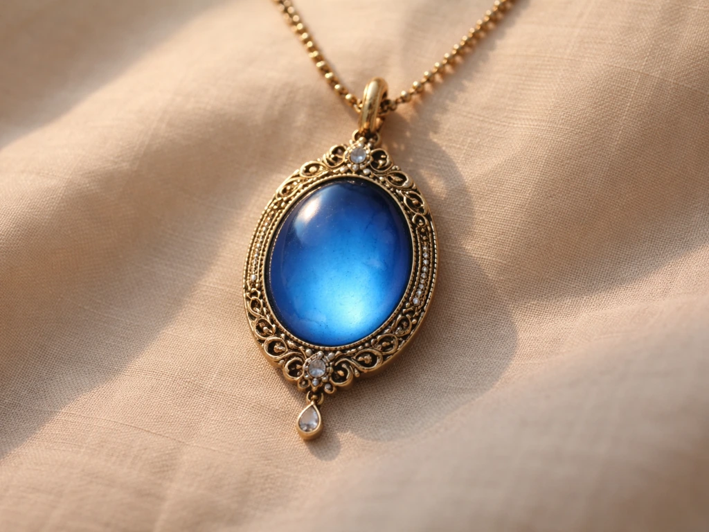 Close-up of a blue-toned neck ornament with subtle Indian folklore motif in warm, minimal setting.