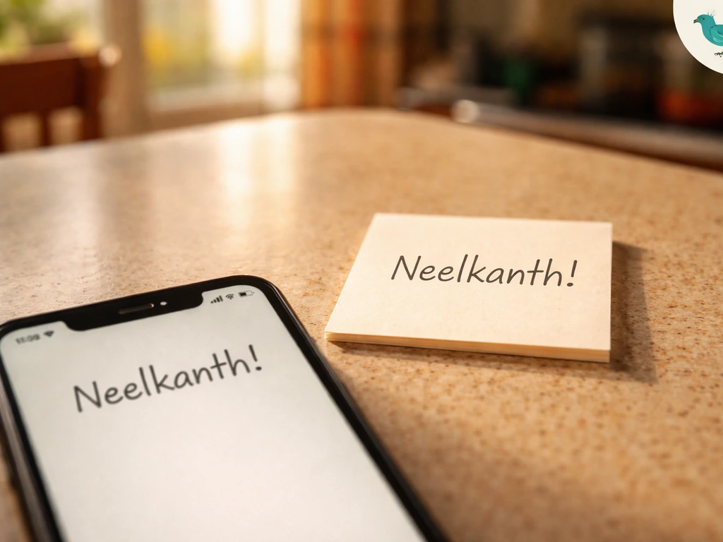 Handwritten note and phone message with “Neelkanth!” on a kitchen table, bird reminder in the corner.