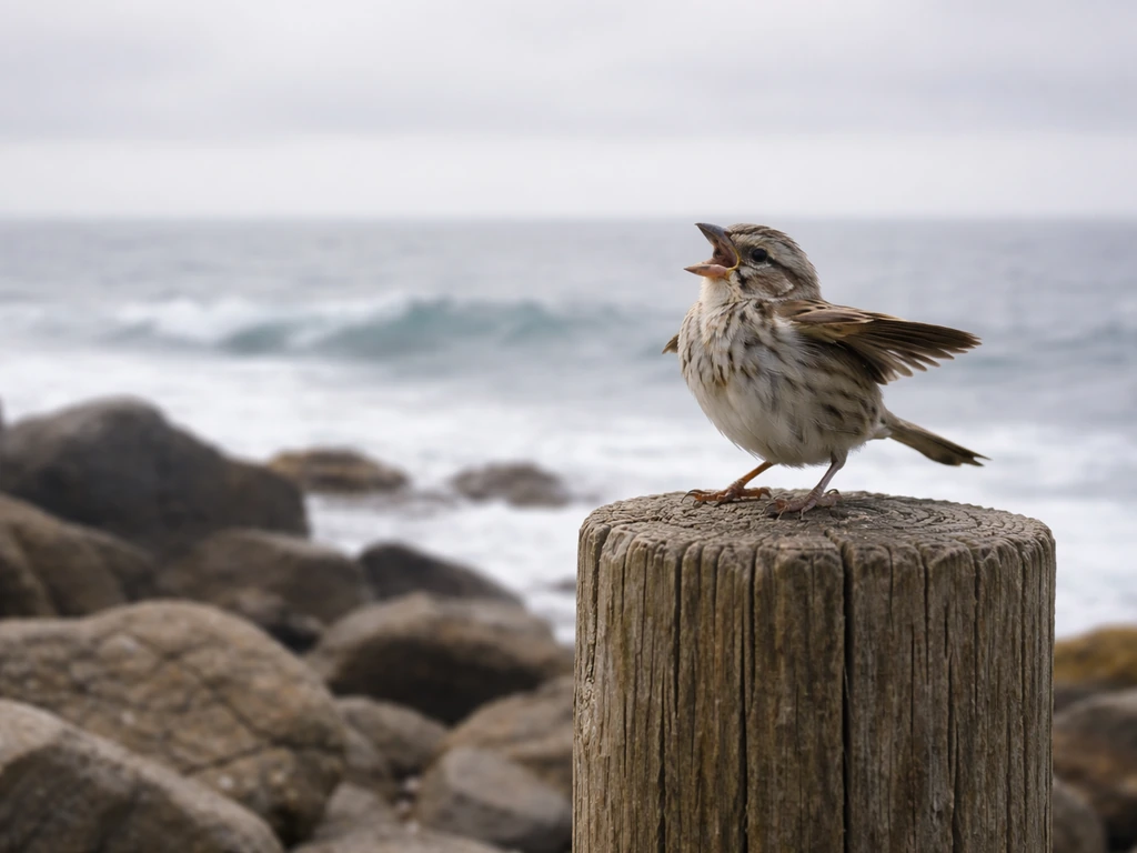 Small bird perched on a coastal post, calling amid misty waves and windy rocks.