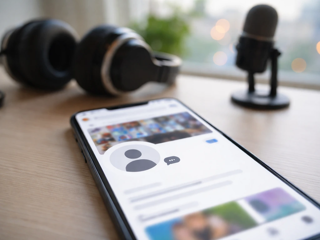 Close-up of a smartphone on a desk with blurred social-media profile visuals and studio audio gear.