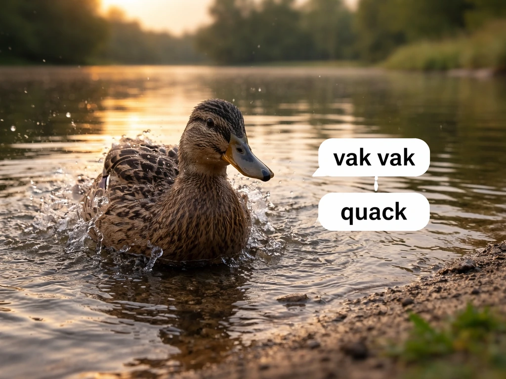 Duck splashing on a pond with a simple caption graphic comparing “vak vak” and “quack”.