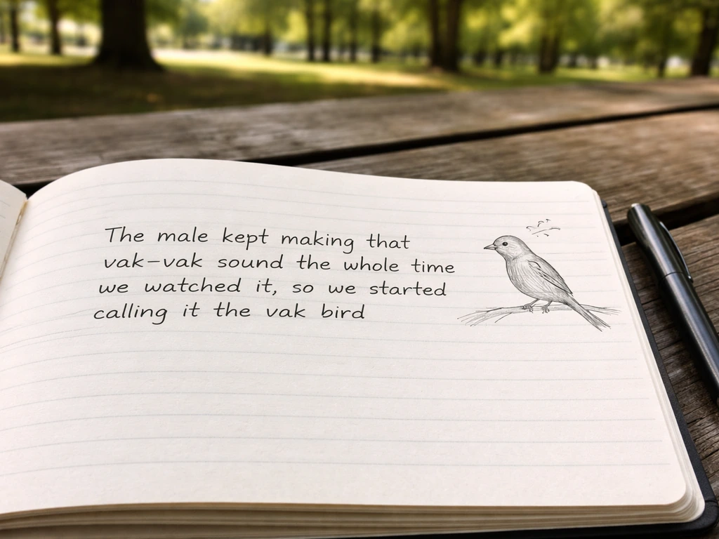 Close-up of a birdwatching notebook page with handwritten-style sentence about a bird’s repeated “vak-vak” call.
