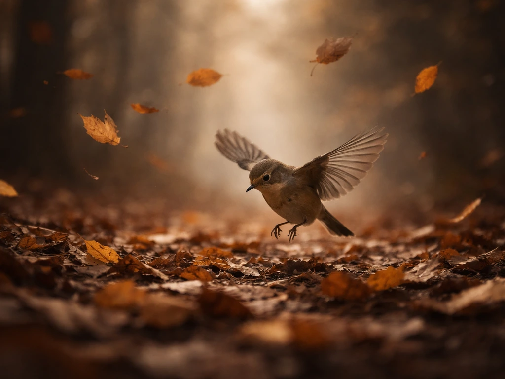 A small bird mid-descent through golden autumn leaves in moody, falling-light atmosphere.