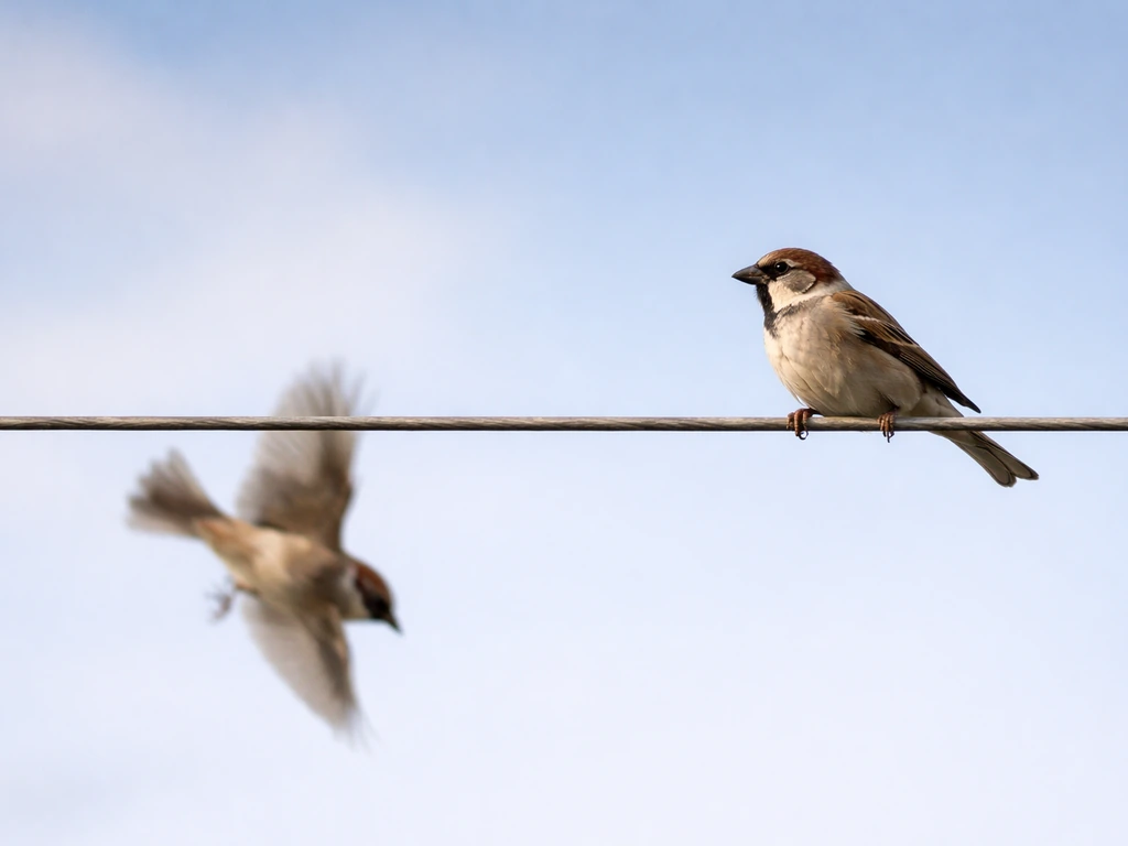 A small bird perched on a wire while another bird blurs downward mid-glide, symbolizing literal vs symbolic “bird.”