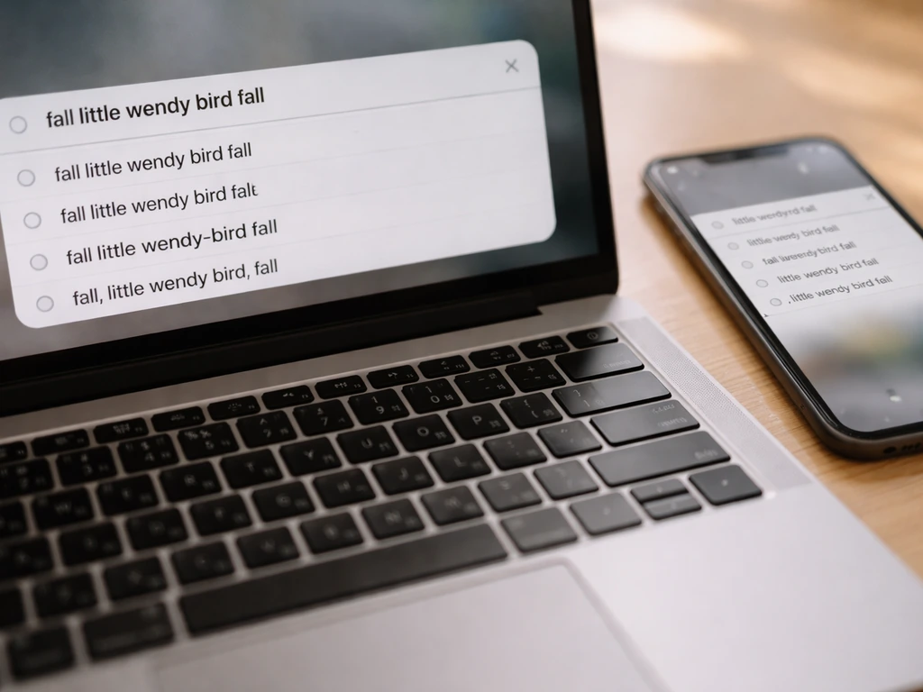 Close-up of laptop and phone showing a quoted phrase and multiple spelling-variant suggestions for search.