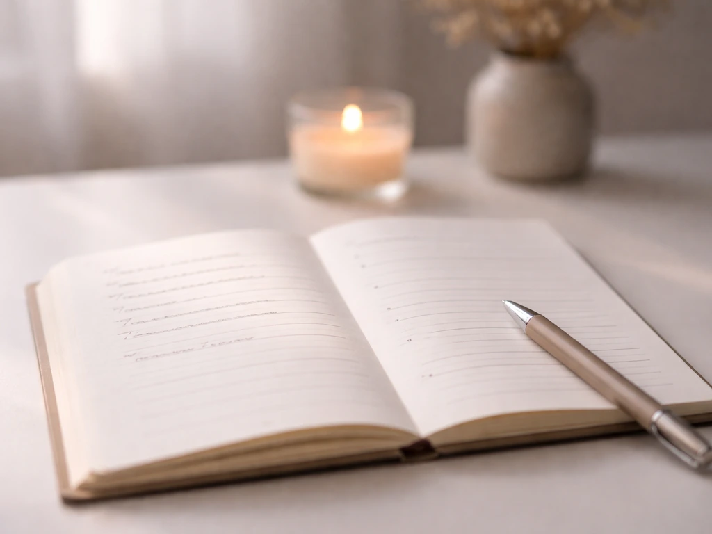 Open journal with a pen on a quiet desk, handwritten prompt lines visible but not readable.