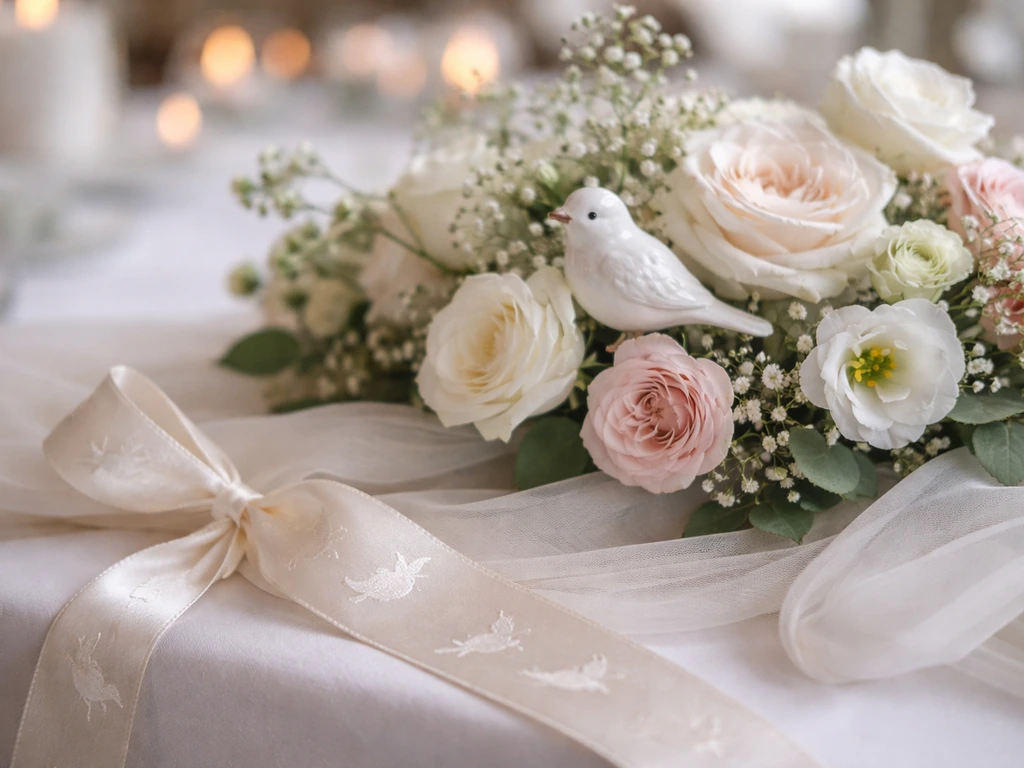 Close-up of a wedding floral centerpiece with a tiny perched bird motif and soft romantic light