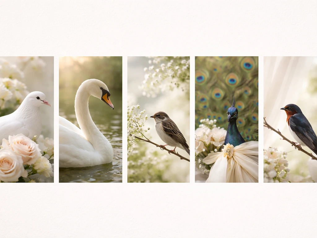 Minimal photo sequence of dove, swan, sparrow, peacock, and swallow near wedding florals symbolizing love and renewal.