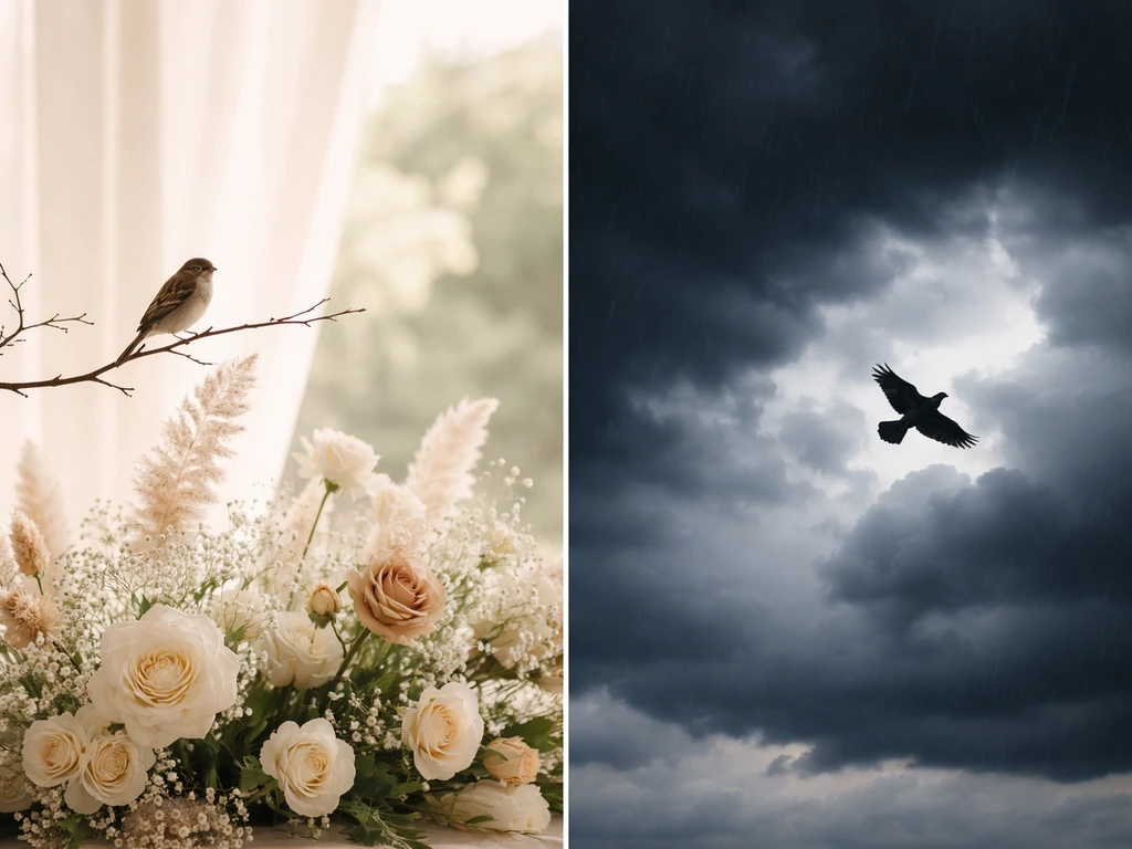 Two-part scene showing a hopeful wedding bird sign versus a stormy bad omen with a silhouetted bird.