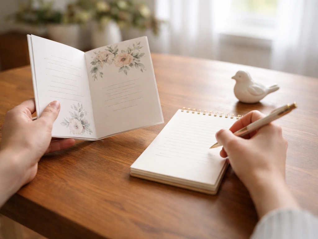 Hands reviewing a wedding invitation while checking details on a notepad beside a small bird figurine.