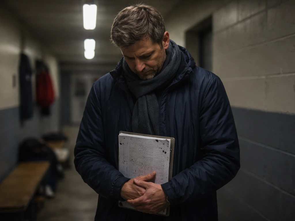 Shaken middle-aged soccer coach in a quiet locker-room corridor after a brutal cup loss