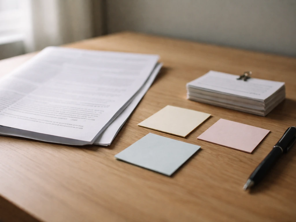 Minimal desk scene with a big project sheet and small sticky notes arranged like short assignments