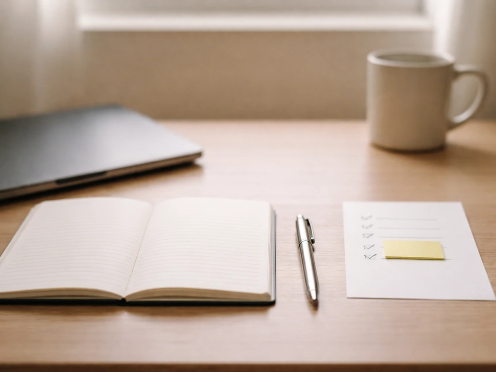 Minimal desk setup with open notebook, pen, and a highlighted checklist next step for studying or writing.