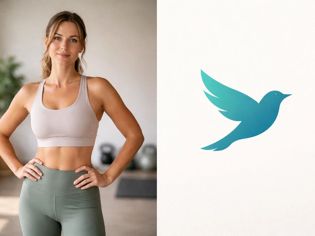 Split image: fit woman in a quiet gym on one side, a simple bird silhouette on the other.