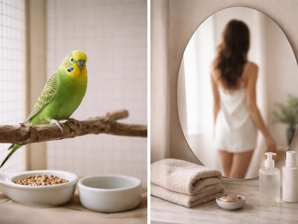 Healthy green parakeet on a perch beside a softly lit minimalist vanity mirror and skincare items