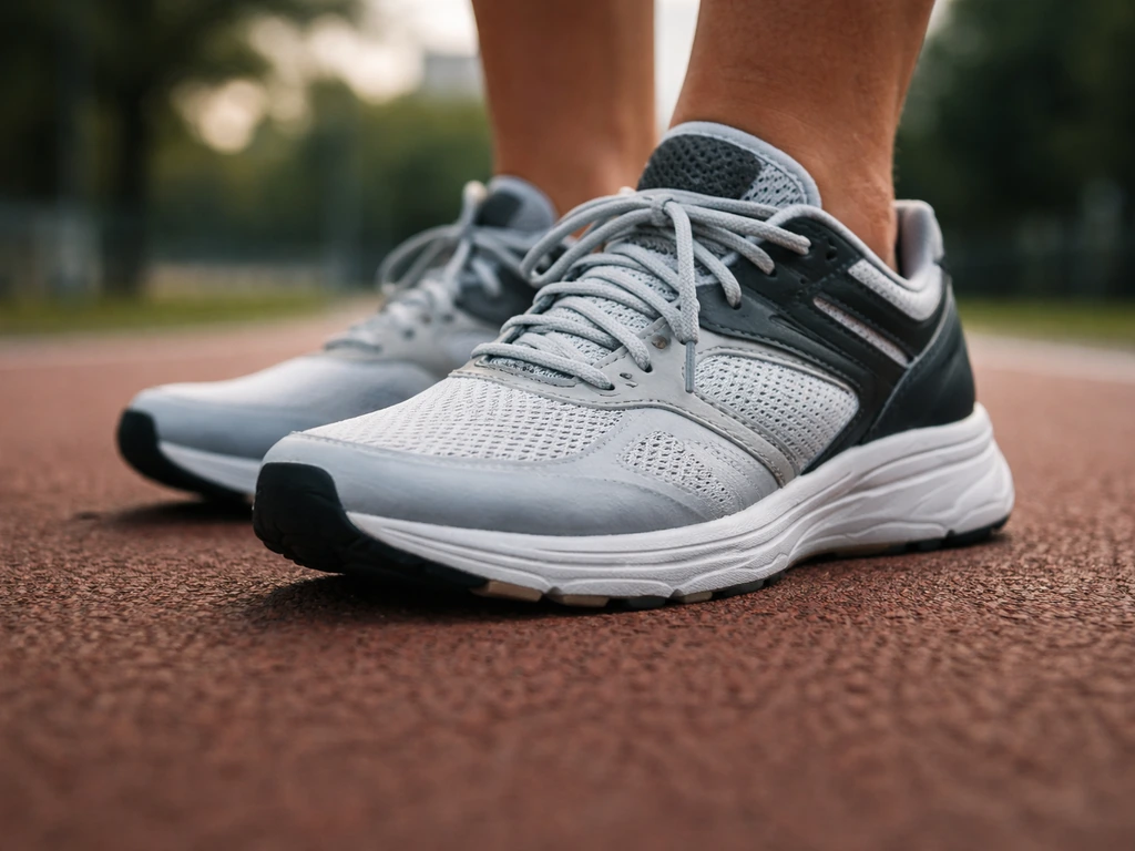 Close-up of athletic sneakers on a running track, suggesting “fit” as a physical modifier.