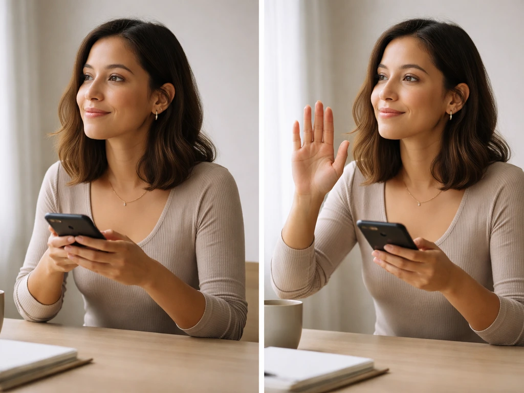 Calm person at a desk with phone, showing two gentle response gestures in soft natural light.